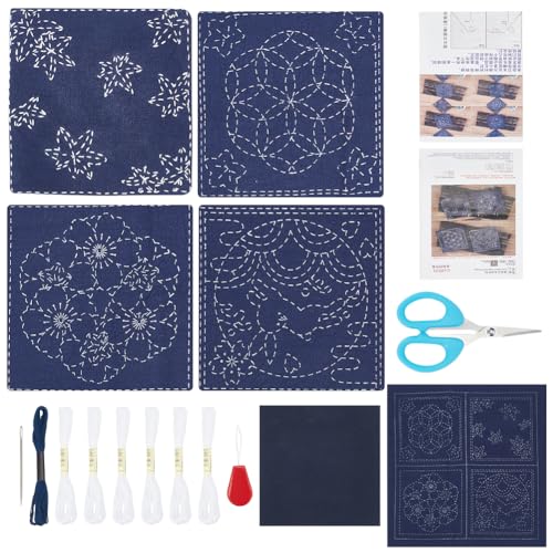 FREEBLOSS 4er Set Sashiko-Untersetzer-Set Blumen-Sashiko-Stoff Sashiko-Bausatz Untersetzer-Bastelset für Beigners Sashiko Garn und Nadeln Handnähset für Erwachsene von FREEBLOSS