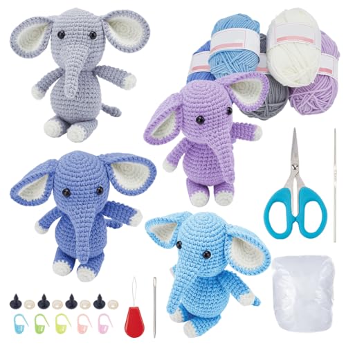 FREEBLOSS 5 Set Häkelset Häkelelefant, Häkeltiere Set Für Anfänger Mit Video Tutorials, Häkel Starter Set, Häkelgarn Und Haken Set Für Anfänger, Strickset als Geschenk von FREEBLOSS