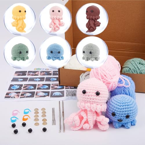 FREEBLOSS 6 Set Häkelset 2 liebenswerte Quallen-Stile 6 Farben Häkelgarn Häkeltier-Set mit Video-Anleitung Häkelset für Anfänger und Erwachsene von FREEBLOSS