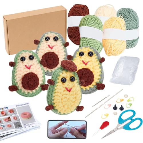 FREEBLOSS 6 Set Häkelset für Anfänger Avocado Häkelset Crochet Set mit Video Tutorials Häkeln Stricken Nadeln Kit Komplettes DIY Set für Erwachsene von FREEBLOSS