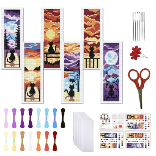 FREEBLOSS 6 Set Kreuzstich Lesezeichen Gestempeltes Kreuzstich Mit Landschafts Und Katzenmustern Cross Stitch Set Mit Anleitung DIY Lesezeichen als Geschenk für Erwachsene 6x20cm von FREEBLOSS