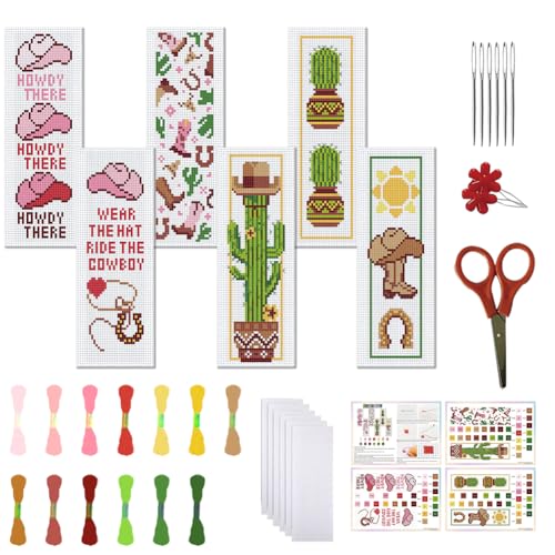 FREEBLOSS 6 Set Kreuzstich Lesezeichen Gestempeltes Kreuzstich Set Mit Western Cowboy Mustern Stickset Mit Anleitung DIY Lesezeichen Set als Geschenk Für Erwachsene 8.66''X3.14'' von FREEBLOSS