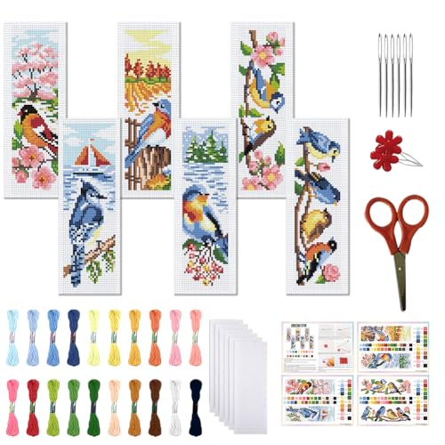 FREEBLOSS 6 Set Kreuzstich Lesezeichen Set Gestempeltes Kreuzstich Stickset Mit Vier Blumen Und Vogelmustern Mit Anleitung Für Erwachsene 8'' x 2.4'' von FREEBLOSS