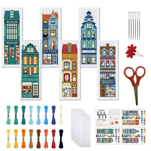 FREEBLOSS 6 Set Kreuzstich Lesezeichen Set Gestempeltes Kreuzstich Street View Muster Stickset Mit Anleitung Für Erwachsene 8'' x 2.4'' von FREEBLOSS
