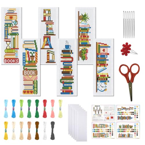 FREEBLOSS 6 Set Kreuzstich Lesezeichen Sets Bücherregal Szenenmuster Gestempeltes Kreuzstich Set Stick Lesezeichen Set Für Erwachsene Und Anfänger Mit Klarer Anleitung von FREEBLOSS