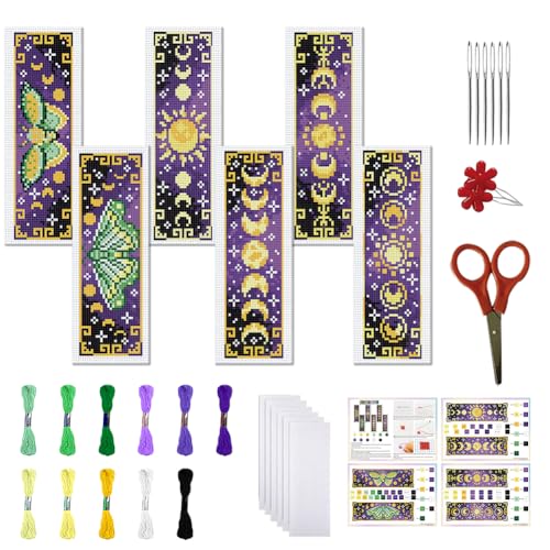 FREEBLOSS 6 Set Kreuzstich Lesezeichen Sets Für Anfänger Schmetterlings Mondphasen Stempel Kreuzstich DIY Stickerei Lesezeichen Set Mit Anleitung 8" x 2.4" von FREEBLOSS