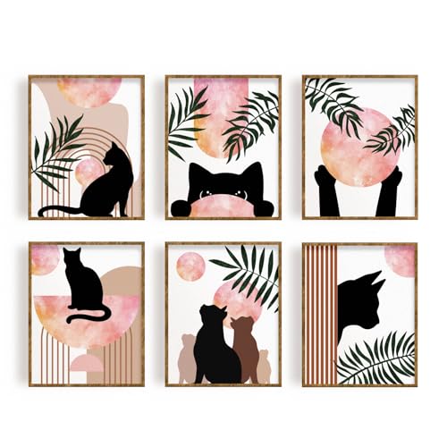 FREEBLOSS 6 Set Kunstdrucke Auf Leinwand Bohemian Stil Pflanzen Katzen Kunstdrucke farbenfrohe Gemälde Leinwandkunst Poster Abstrakter Leinwanddruck Wandkunst Gemälde Für Zuhause Vintage Zimmer von FREEBLOSS