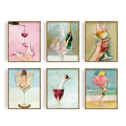 FREEBLOSS 6 Set Leinwand Kunstdrucke Weinglas Kunstdrucke 8"X10" Ölgemälde Leinwandkunst Poster Abstrakter Leinwanddruck Wandkunst Gemälde Für Zuhause Vintage Zimmer Bar Dekor Ungerahmt von FREEBLOSS