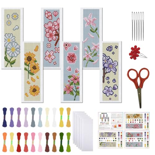 FREEBLOSS 6 Set kreuzstich Blume Lesezeichen Kreuzstich Kits Kreuzstich Set Stickbilder Kreuzstich Blumenstraußmuster Lesezeichen Sticken Stickset Für Anfänger, 6x20cm von FREEBLOSS
