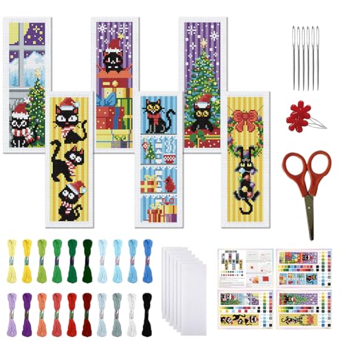 FREEBLOSS 6 Set Weihnachts Kreuzstich Lesezeichen Set Katzen Und Baummuster Gestempeltes Kreuzstich Set 11CT Weihnachts Sticksets Mit Anleitung Für Anfänger Und Erwachsene 20x6cm /8x2.4 Zoll von FREEBLOSS