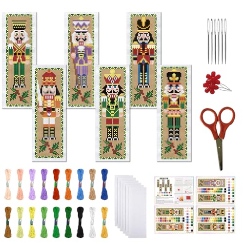 FREEBLOSS 6 Teiliges Weihnachts Kreuzstich Lesezeichen Set Für Erwachsene Anfänger Nussknacker Muster Gestempeltes Stick Lesezeichen Set Mit Anleitung DIY Lesezeichen Sets Für Weihnachten 8"X2.4" von FREEBLOSS