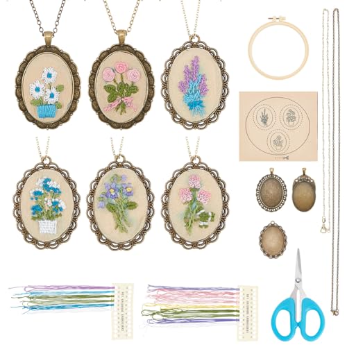 FREEBLOSS 6er Set Stickerei Halsketten Set Stickerei für Anfänger Blumen Styles Mini Stickerei Set mit Anleitung Stickerei Starter Kit für Erwachsene Geburtstagsgeschenk von FREEBLOSS