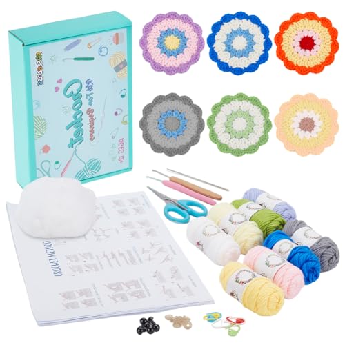FREEBLOSS 8 Set Häkelset Für Anfänger Buntes Häkel Untersetzer Set Komplettes Starter Häkelset Für Erwachsene Anfänger Häkel Untersetzer Set Mit Video Tutorial Zur Dekoration Flower Granny Coaster von FREEBLOSS