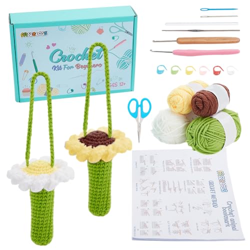 FREEBLOSS 8 Set Häkelset Häkel Gänseblümchen Stiftehalter Mit Riemen Häkel Stiftehalter Set Für Anfänger Mit Video Tutorials Häkel Starter Set Häkelgarn Und Haken Set Häkelset Für Anfänger Geschenk von FREEBLOSS