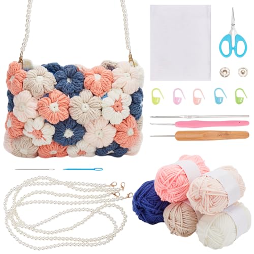 FREEBLOSS DIY Häkeltaschen Set Häkel Puffblumentasche Häkelset Für Anfänger Mit Video Tutorials Häkel Starter Set Häkelgarn Und Haken Set Häkelset Für Anfänger Geschenk von FREEBLOSS