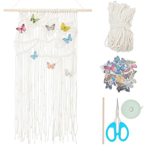 FREEBLOSS DIY Makramee Wandteppich, Schmetterlinge Und Blumen Design, Wandbehang Set, Makramee Sets Für Erwachsene, Anfänger, Makramee Wandkunst, Boho Makramee Wandbehang Zur Dekoration von FREEBLOSS