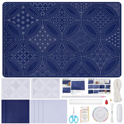FREEBLOSS DIY Sashiko Teematten Set Wasserlösliche Sashiko Vorlagen Sashiko Set Für Anfänger Mit Englischer Anleitung Handarbeitsset Für Erwachsene Sticksets von FREEBLOSS
