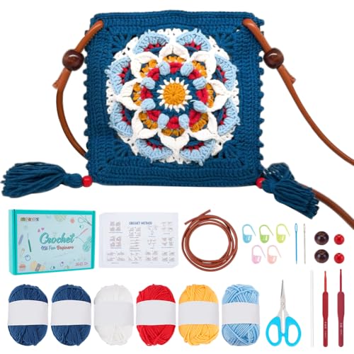 FREEBLOSS Häkelset für Anfänger, Mandala-Muster, Häkeltasche, Starter-Set, quadratisches Häkeltaschen-Set, Strickset mit Schritt-für-Schritt-Video-Tutorials, Erwachsenen-Bastelprojekten von FREEBLOSS