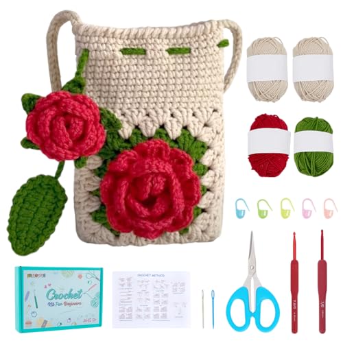 FREEBLOSS Häkeltaschen Set Für Anfänger Häkel Rosentasche Tragetasche Set Für Damen Mit Schritt Für Schritt Videoanleitungen Strickset Für Erwachsene von FREEBLOSS