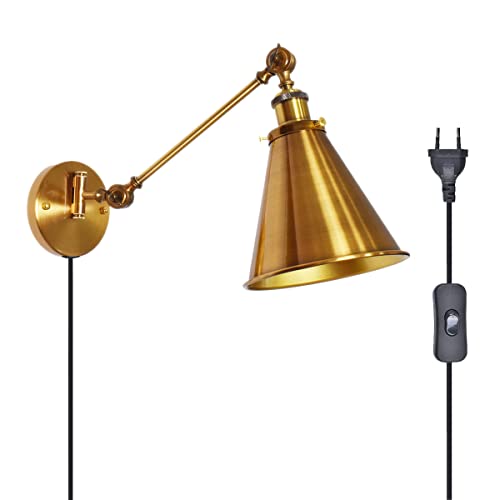 FREEDL E27 Plug In Wandleuchte Industrial Vintage mit Schalter, Gold Langer Arm Wandlampe Innen Retro Lampenschirm Wandleuchte Schlafzimmer Verstellbares Nachttischlampe Wand Montage Loft Lampe (01) von FREEDL