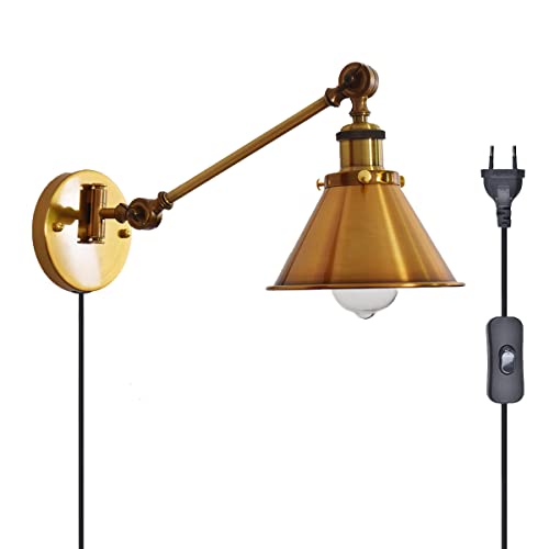 FREEDL E27 Plug In Wandleuchte Industrial Vintage mit Schalter, Gold Langer Arm Wandlampe Innen Retro Lampenschirm Wandleuchte Schlafzimmer Verstellbares Nachttischlampe Wand Montage Loft Lampe (02) von FREEDL