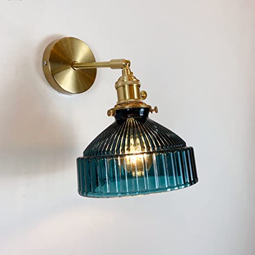 FREEDL E27 Vintage Innen Wandleuchte Glas mit Schalter Verstellbare Wandlampe Messing Retro für Schlafzimmer Restaurant Treppenhaus Flur Wandbeleuchtung Bleu Glas Lampenschirm von FREEDL