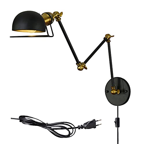 FREEDL Industrial Wandleuchte Langer Arm Mit 3 Verstellbare Armen, Ausziehbar Wandlampe Led Retro Mit Schalter Und Stecker, Einstellbare Beleuchtung Lese Wandfluter Nachttisch Wandbeleuchtung,Schwarz von FREEDL