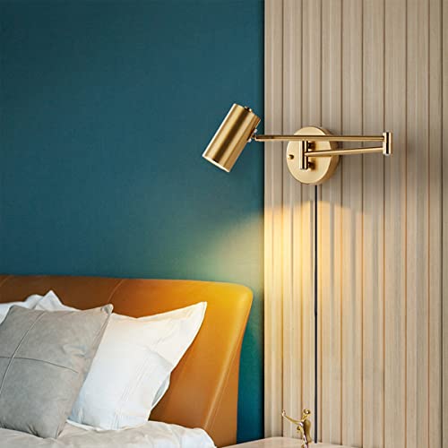 FREEDL LED Industrial Wandleuchte Langer Arm mit Swing Arm, Faltbare Gold Wandlampe Innen Vintage mit Schalter und Stecker, Verstellbare Wandbeleuchtung Lesen Retro Nachttisch Beleuchtung E27 Fassung von FREEDL