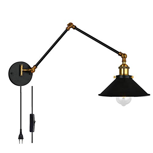 FREEDL LED Wandlampe Langer Arm Retro with Schalter, Ausziehbar Wandleuchte Schlafzimmer Industrial Mit Stecker Und Swing Arm, E27 Wandbeleuchtung Innen Metall Schwarzes Vintage, Bett Wandlicht,30+30 von FREEDL