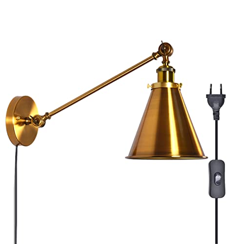 FREEDL Verstellbare Wandlampe Gold Retro mit Schalter, Klassisch Wandleuchte Langer Arm Industrial mit Stecker, Messing Wandbeleuchtung Schlafzimmer Vintage, Antikwandlicht Flur Art Deco Innen,B von FREEDL