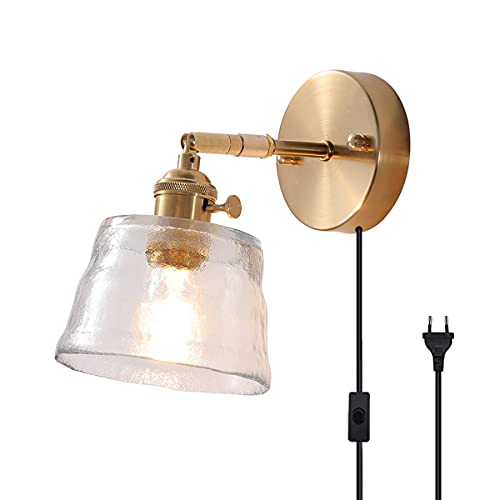 FREEDL Vintage Wandleuchte Schlafzimmer mit Schalter und Stecker Gold Wandlampe Innen mit Kabel E27 Schlafzimmer Nachttischlampe Glass Schirm Flur Badezimmer Spiegellampe Wandbeleuchtung von FREEDL