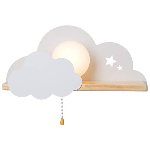 FREEDL Wandleuchte Wolke Kinderzimmer mit Zugschalter, Kinder Wandlampe Holz mit Runder Glaslampenschirm, Wandlicht Babyzimmer Wolke Deko Wandleuchte Innen Modern, Flur wandlampe E27 Fassung,Weiß von FREEDL