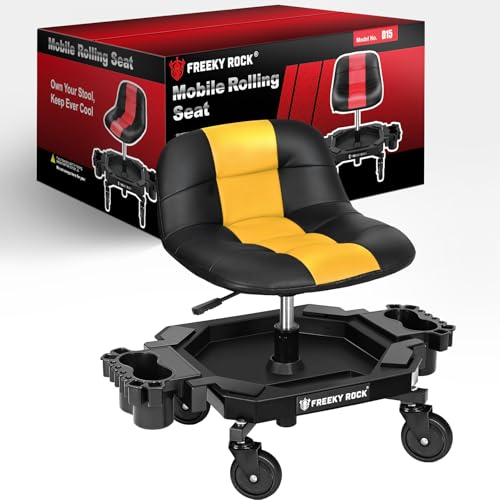 FREEKYROCK Rollhocker mit Rollen, verstellbarer Mechanikerhocker, Sitz, Garage, Laden, Rollstuhl, mobiler Rollsitz mit Tablett, 2 Getränkehalter, 10,2 cm Rollen (gelb) von FREEKYROCK