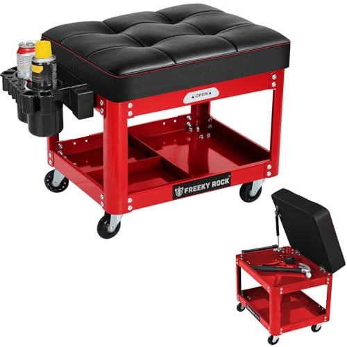 Roll-Mechanikerhocker mit Rollen, Garagenmechanikerhocker mit 2-lagiger Reparaturwerkzeugplatte, gepolstert, 360° drehbar, robuster Ladensitz, 150 kg Kapazität von FREEKYROCK
