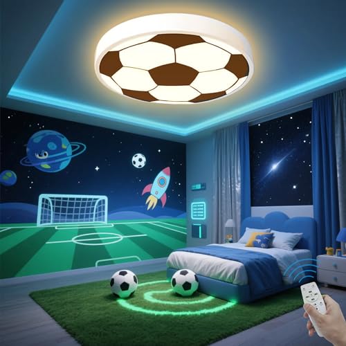 DROMEZ Deckenlampe Fußball 48W LED Deckenleuchte Dimmbar Rund 40CM - mit Fernbedienung, 3000-6000K, Fußball Lampe Decke für Kinderzimmer, Sportbar, Fanraum Vereins Deko von DROMEZ