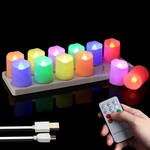 FREEPOWER 12 Stück Wiederaufladbare LED Teelichter Bunt mit Ladestation, USB-Kabel & Fernbedienung - Timer - Flackern - Dimmbar - Ø4 x 4,5cm FREEPOWER 12 Stück Wiederaufladbare LED Teelichter Bunt mit Ladestation, USB-Kabel & Fernbedienung - Timer - Flackern - Dimmbar - Ø4 x 4,5cm von FREEPOWER