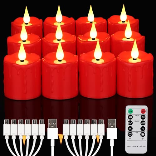 FREEPOWER 12er Rote LED Kerzen Wiederaufladbar mit Fernbedienung Timer Flackern Dimmbar Elektrische Aufladbare Votice Teelichter mit USB Type-C Kabel, Warmweiß, Outdoor Wasserdicht, Ø5 x7.5cm von FREEPOWER