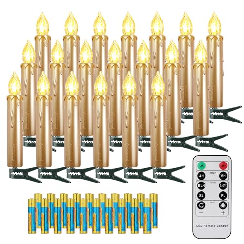 FREEPOWER 20er Gold LED Christbaumkerzen Kabellos mit Fernbedienung Timer Flackern Warmweiß Dimmbar, Innen Outdoor Wasserdicht, Weihnachtskerzen Weihnachtsbaum Beleuchtung（mit 20 Batterien） von FREEPOWER