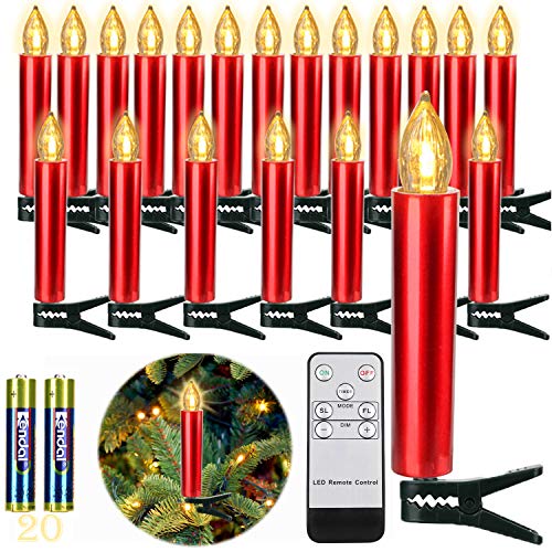 FREEPOWER 20er Rot LED Kerzen Weihnachtsbaum Lichterkette Kabellos mit Fernbedienung Timer Flackern Dimmbar Warmweiß Weihnachtskerzen Innen Außen Wasserdicht Weihnachtsbeleuchtung（mit 20 Batterien） von FREEPOWER