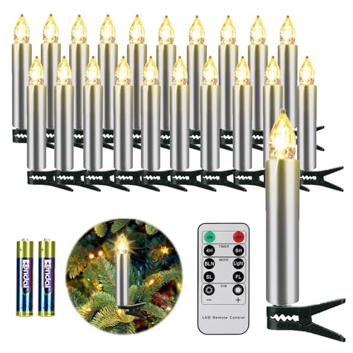 FREEPOWER 20er Silber LED Kerzen Weihnachtskerzen Kabellos mit Fernbedienung Timer Flackern Warmweiß Weihnachtsbaumkerzen Wasserdicht für Außen Innen Weihnachten Beleuchtung（mit 20 Batterien） von FREEPOWER
