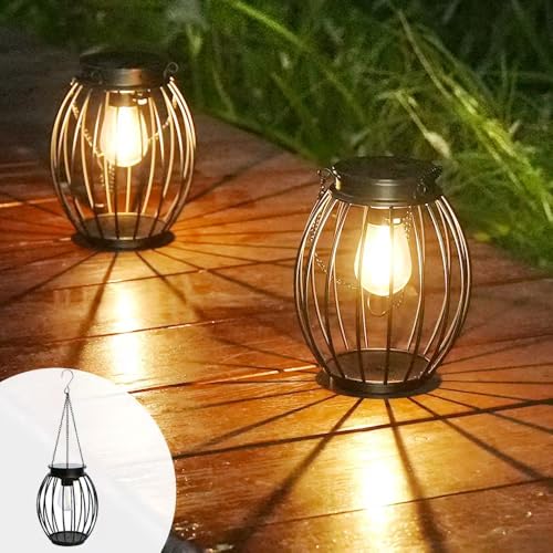 FREEPOWER 2er Solar Laternen Außen Lampen Wasserdicht LED für Draußen Beleuchtung Garten Hängend/Stehend Laterne, Metall, Flackern Warmweißes Licht von FREEPOWER
