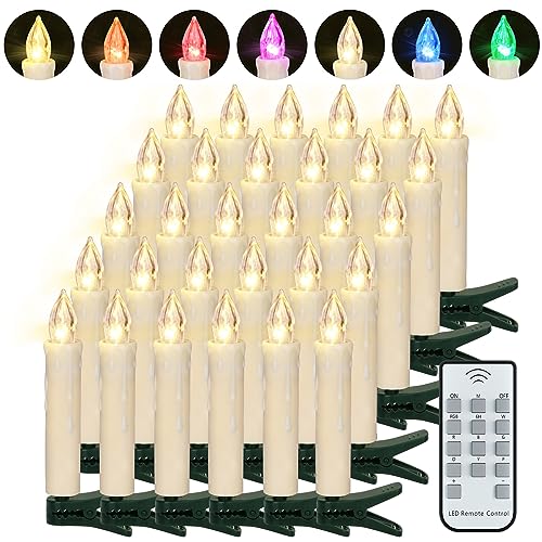 FREEPOWER 30er LED Christbaumkerzen Kabellos mit Fernbedienung Timer Flackern, Bunt & Warmweiß Weihnachtsbaum Kerzen für Weihnachten, Innen Außen Wasserdicht Weihnachtsdeko Lichterkette von FREEPOWER