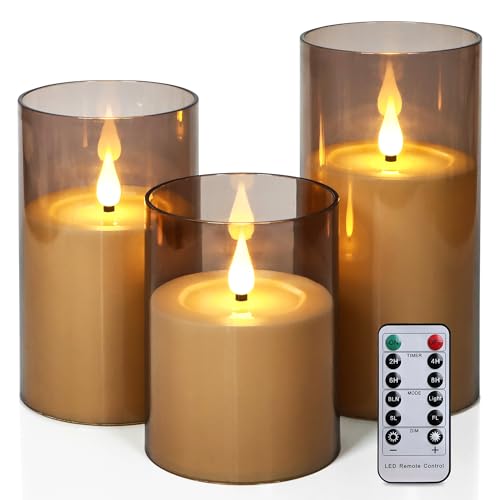 FREEPOWER 3er Flammenlose LED Kerzen Grau Acryl - Fernbedienung & Timer - Batteriebetrieben - Warmweißes Flackern - Ø8 x 10/12,5/15cm von FREEPOWER