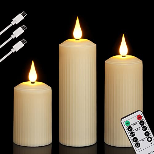FREEPOWER 3er LED Kerzen Wiederaufladbar mit Fernbedienung Timer Flackern Warmweiß Dimmbar Elektrische Aufladbare Stumpenkerzen mit USB Type-C Kabel, Outdoor Wasserdicht（Ø5 x 10.5/14/17cm） von FREEPOWER