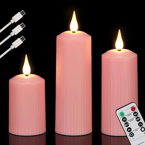 FREEPOWER 3er Wiederaufladbare LED Kerzen Rosa mit Fernbedienung Timer Flackern Warmweiß Dimmbar Elektrische Aufladbare Stumpenkerzen mit USB Kabel, Outdoor Wasserdicht, Ø 5cm von FREEPOWER