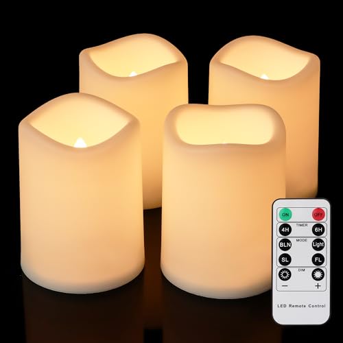 FREEPOWER 4er LED Kerzen Outdoor mit Fernbedienung und Timer - Batteriebetrieben - Flammenlose Stumpenkerzen Warmweiß Flackern - Kunststoff - Ø7,5 x 10cm von FREEPOWER