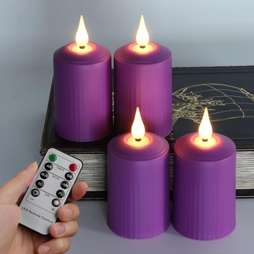 FREEPOWER 4er Lila LED Kerzen Flackern mit Fernbedienung Timer Outdoor Batteriebetrieben Flammenlose Stumpenkerzen Advenskerzen Warmweiß Adventskranz Deko, 350+ Stunden, Ø5 x 10.5cm von FREEPOWER