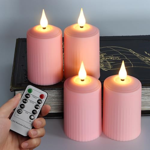 FREEPOWER 4er Rosa LED Kerzen mit Timerfunktion Fernbedienung Flackern Outdoor Batteriebetrieben Stumpenkerzen Warmweiß Flammenlose Advenskerzen Adventskranz Deko, 350+ Stunden, Ø5 x 10.5cm von FREEPOWER