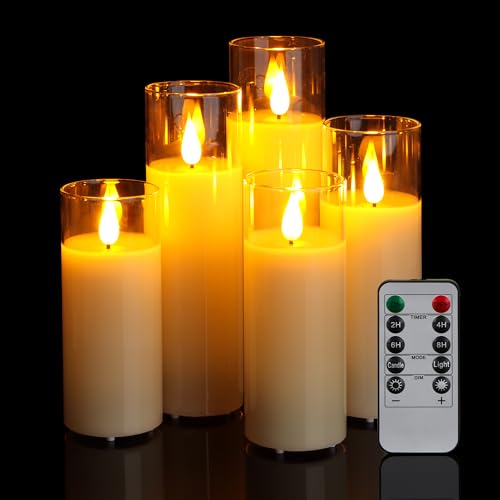 FREEPOWER 5er LED Kerzen im Glas, Echtes Wachs, Flammenlose Kerzen mit Fernbedienung Timer Flackern Batteriebetrieben Stumpenkerzen Warmweiß, Ø5.3 x 13/14/16/18/20cm von FREEPOWER