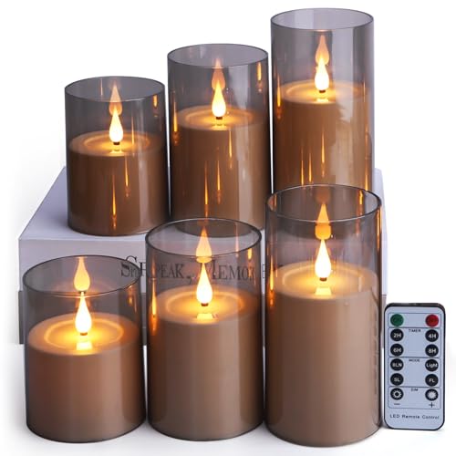 FREEPOWER 6er LED Kerzen Grau Acryl mit Fernbedienung Timer Flackern Batteriebetrieben Flammenlose Stumpenkerzen Elektrische Warmweißes Licht, Ø8 x 10/10/12,5/12,5/15/15cm von FREEPOWER